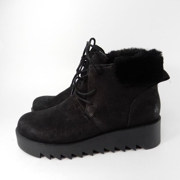 Eileen Fisher Kenille Wedge Bootie Size 6 Black Suede Genuine Shearling Trim NEW - Picture 6 of 14